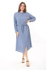 Kadın Lacivert Ön Düğmeli Roba Büzgülü Uzun Kuşaklı Elbise 65N37882