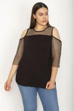 Kadın Siyah Roba Ve Kolları File Detaylı Viskon Bluz 65N27071