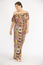 Kadın Bordo Büyük Beden Yaka Beli Lastik Detaylı Dokuma Viskon Kumaş Renkli Tulum