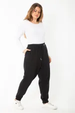 Kadın Büyük Beden Siyah Kuşgözü Bağcıklı Bel Ve Paçası Ribanalı Eşofman Pantolon 65N37398