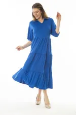 Kadın Büyük Beden Saks Yakalı Kol Ağzı Lastik Detaylı Katlı Uzun Elbise 65N37071