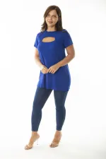 Kadın Büyük Beden Saks Göğüs Detaylı Bluz 65N36925