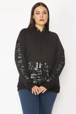 Kadın Siyah Lak Baskı Ve File Detaylı Kapşonlu Kanguru Cepli Sweatshirt 65N28358