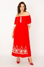 Kadın Kırmızı Karmen Yaka Nakış Ve Püskül Detaylı Uzun Elbise 65N33437
