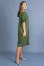 Kadın Haki Sim Detaylı Ön Baskılı Viskon Elbise 65N27473