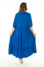 Kadın Büyük Beden Saks Yakalı Kol Ağzı Lastik Detaylı Katlı Uzun Elbise 65N37071