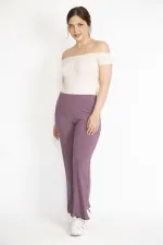 Kadın Lila Büyük Beden Likralı Buzy Kumaş Bel Lastikli Pantolon