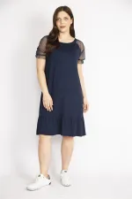 Kadın Kırmızı Büyük Beden Kolları Tül Yakası Lastik Detaylı Etek Ucu Katlı Elbise