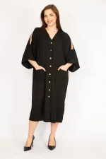 Kadın Camel Büyük Beden Omuz Dekolteli Ön Düğmeli Elbise