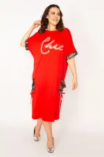 Kadın Kırmızı Cep Ve Kolu File Detaylı Taş Baskılı Viskon Elbise 65N33166
