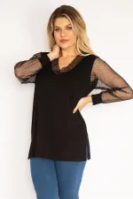 Kadın Mürdüm Yaka Ve Kolları Simli Tül Bluz 65N35185