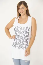 Kadın Büyük Beden Beyaz Payet Detaylı Uzun Kolsuz Bluz 65N36931