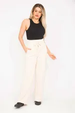 Kadın Bej Likralı Scuba Kumaş Beli Geniş Lastik Ve Ütü İzi Dikiş Detaylı Pantolon 65N35275