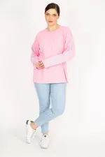 Kadın Bej Büyük Beden Kol Baskılı Sweatshirt