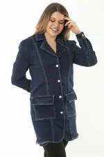 MANTEAU FEMME EN DENIM LYCRA BLEU MARINE AVEC BOUTON ET POCHE DEVANT