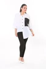 Chemise en similicuir grande taille pour femme, fermeture à boutons-pression, poche et détail sur le devant 65N37698 Chemise en similicuir grande taille pour femme, fermeture à boutons-pression, poche et détail sur le devant 65N37698