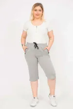 Kadın Gri Büyük Beden Yan Cepli Eşofman Kapri