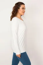 Kadın Beyaz Pamuklu Kumaş Bisiklet Yaka Uzun Kollu Bluz 65N33424