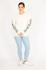 Kadın Bej Büyük Beden Kol Baskılı Sweatshirt