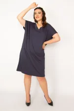 Kadın Lacivert V Yaka Düşük Kollu Elbise 65N33358
