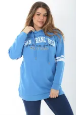 Women's Plus Size Blue Three-Thread Hooded Sweatshirt with Raised Inside 65N37464