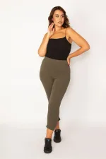 Kadın Haki Pamuklu Kumaş Paçası Büzgü Detaylı Tayt Kapri  65N34125