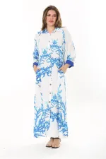 Kadın Büyük Beden Mavi Ön Boy Düğmeli Gömlek Yakalı Uzun Elbise 65N37875