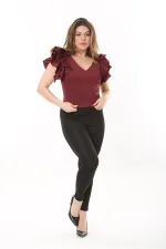 Kadın Büyük Beden Bordo Volan Kollu Arka Gizli Fermuarlı Bluz 65N37533