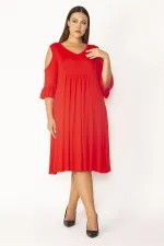 Kadın Haki Omuz Dekolteli Göğüs Büzgü Ve Kol Volan Detaylı Viskon Elbise 65N27447