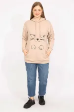 Women's Mink Plus Size Sweatshirt with Front Print and Hood Detail 65N35632