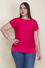 Kadın Fuşya Etek Ucu Düz Krep Düşük Kollu Kendinden Çizgili Bluz 65N26139