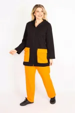 Kadın Büyük Beden Oranj-Siyah, Cep Kombinli Kapşonlu Ön Fermuarlı Sweatshirt Pantolon Takım 65N39162
