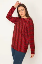 KADIN KIRMIZI BİSİKLET YAKALI UZUN KOLLU ÇİZGİLİ BLUZ