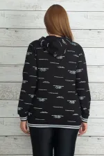 Women's Black Hooded Sweatshirt with Glittery Ribbed Hem and Cuffs 65N20362