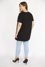 Kadın Beyaz Büyük Beden Önü Flok Bisiklet Yakalı Kısa Kollu Bluz