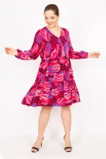 Kadın Fujya Büyük Beden Dokuma Viskon Kumaş V Yaka Katlı Elbise 65N35833