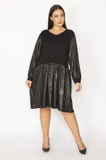 Kadın Siyah Etek Kısmı Ve Kolları Lak Detaylı Viskon Elbise 65N29932