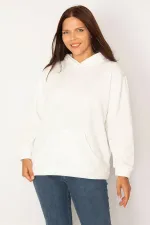 Women's White Hooded Kangaroo Pocket Fleece Sweatshirt with Raised Inside 65N34583