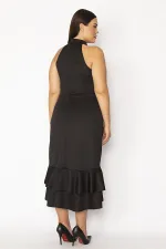 WOMEN'S BLACK HALTERNECK COLLAR DRESS WITH FLOUNCED AND BUCKLE DETAILS AND HIDDEN BACK ZIPPER