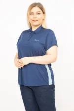 Kadın Lacivert Büyük Beden Polo Yakalı Yan Şeritli Spor Bluz 65N35771