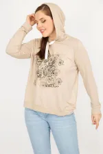 Kadın Vizon Büyük Beden Kapşonlu Baskı Ve Taş Detaylı Sweatshirt