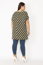 Kadın Haki V Yakalı Duble Kollu Puan Desenli Tunik 65N35337