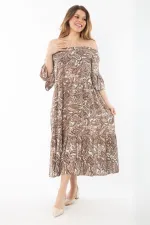 Kadın Büyük Beden Renkli Yaka Lastikli Dokuma Viskon Kumaş Katlı Elbise 65N37349