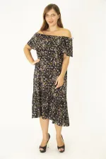 Kadın Büyük Beden Renkli Dokuma Viskon Kumaş Yakası Lastik Ve Volan Detaylı Elbise 65N36916