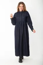 Women's Navy Blue Hidden Placket Metal Button Denim Dress 65N37375