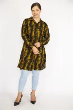 Kadın Büyük Beden Hardal Ön Düğmeli Uzun Kollu Gömlek