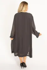 Kadın Füme Şifon Pelerinli Dantel Detaylı Abiye Elbise 65N34506