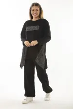 Kadın Büyük Beden Siyah Sim Detaylı Sweatshirt Pantolon İkili Takım 65N37054