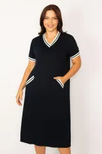 Kadın Lacivert Ribana Detaylı V Yakalı Cepli Elbise 65N34160