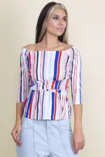 KARMEN YAKA KAPRİ KOL BEL BAĞLAMALI RENKLİ BLUZ